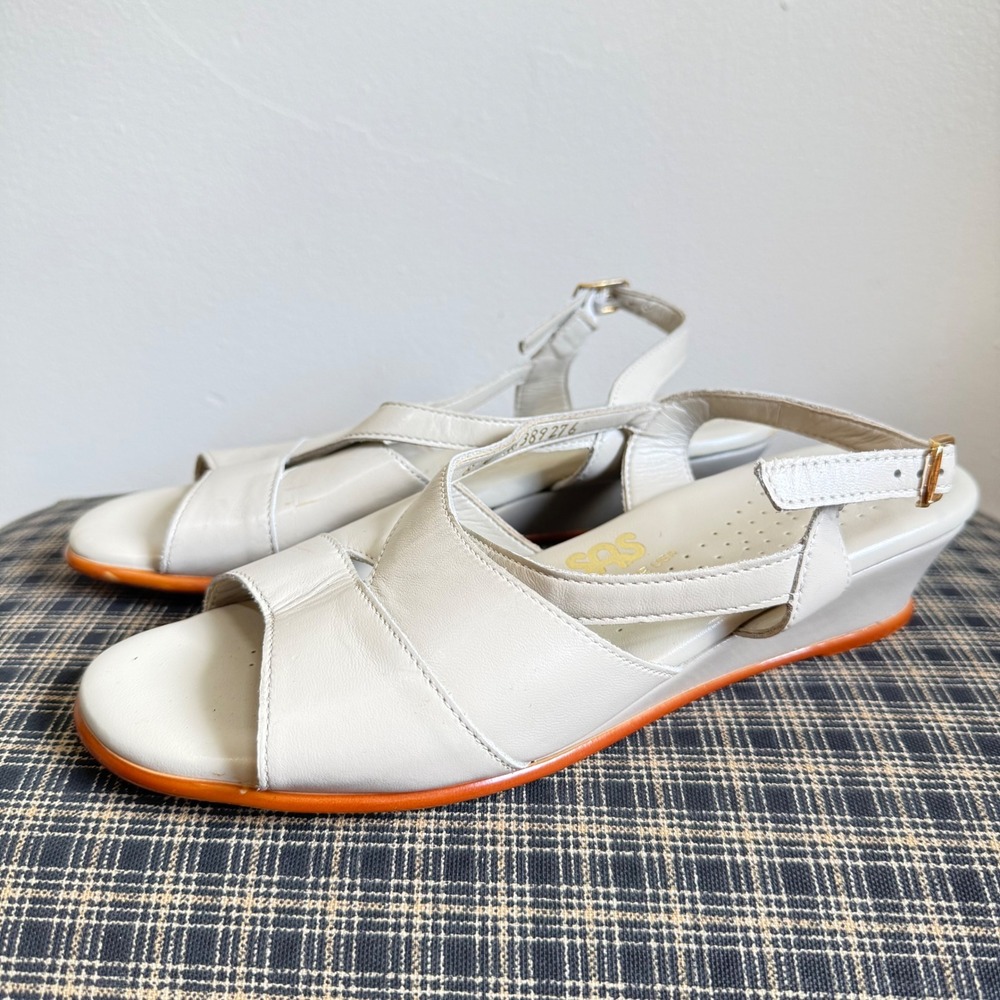 SAS Tripad Comfort Leather Slingback Wedge Sandals Size 8 M Bone White